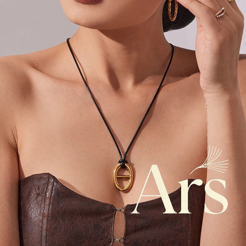 Ars 18k Gold Plated Stainless Steel Coffee Bean Pendant Necklace Minimalist Leather Rope Necklace for Women Statement Necklaces