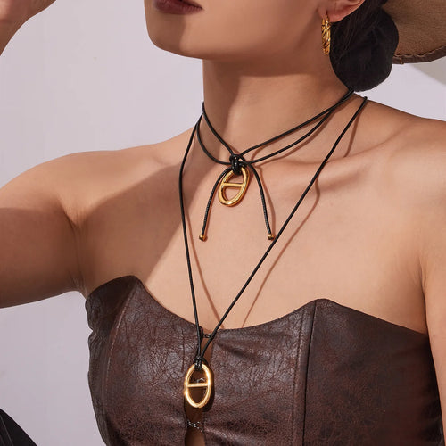 Ars 18k Gold Plated Stainless Steel Coffee Bean Pendant Necklace Minimalist Leather Rope Necklace for Women Statement Necklaces