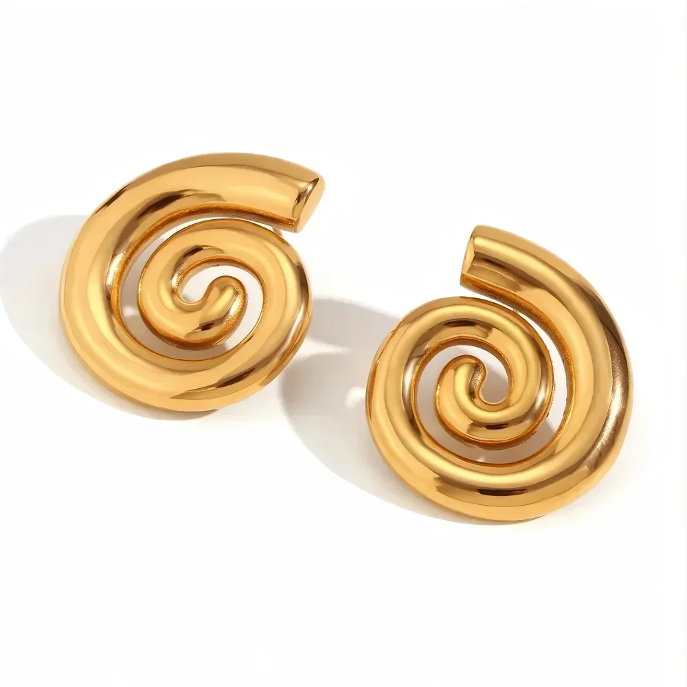 Mariasz Minimalist Geometric Twisted Spiral Stainless Steel Stud Earrings Gold Color Hollow Baroque Piercing Jewelry for Women