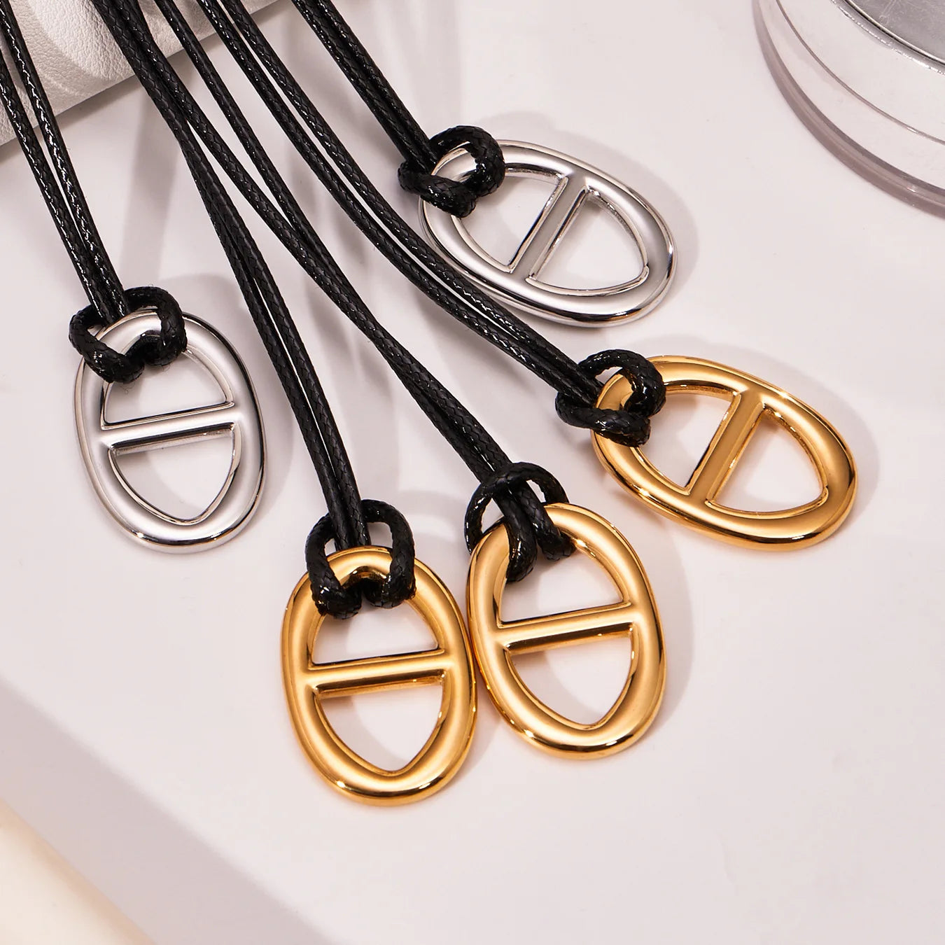 Ars 18k Gold Plated Stainless Steel Coffee Bean Pendant Necklace Minimalist Leather Rope Necklace for Women Statement Necklaces