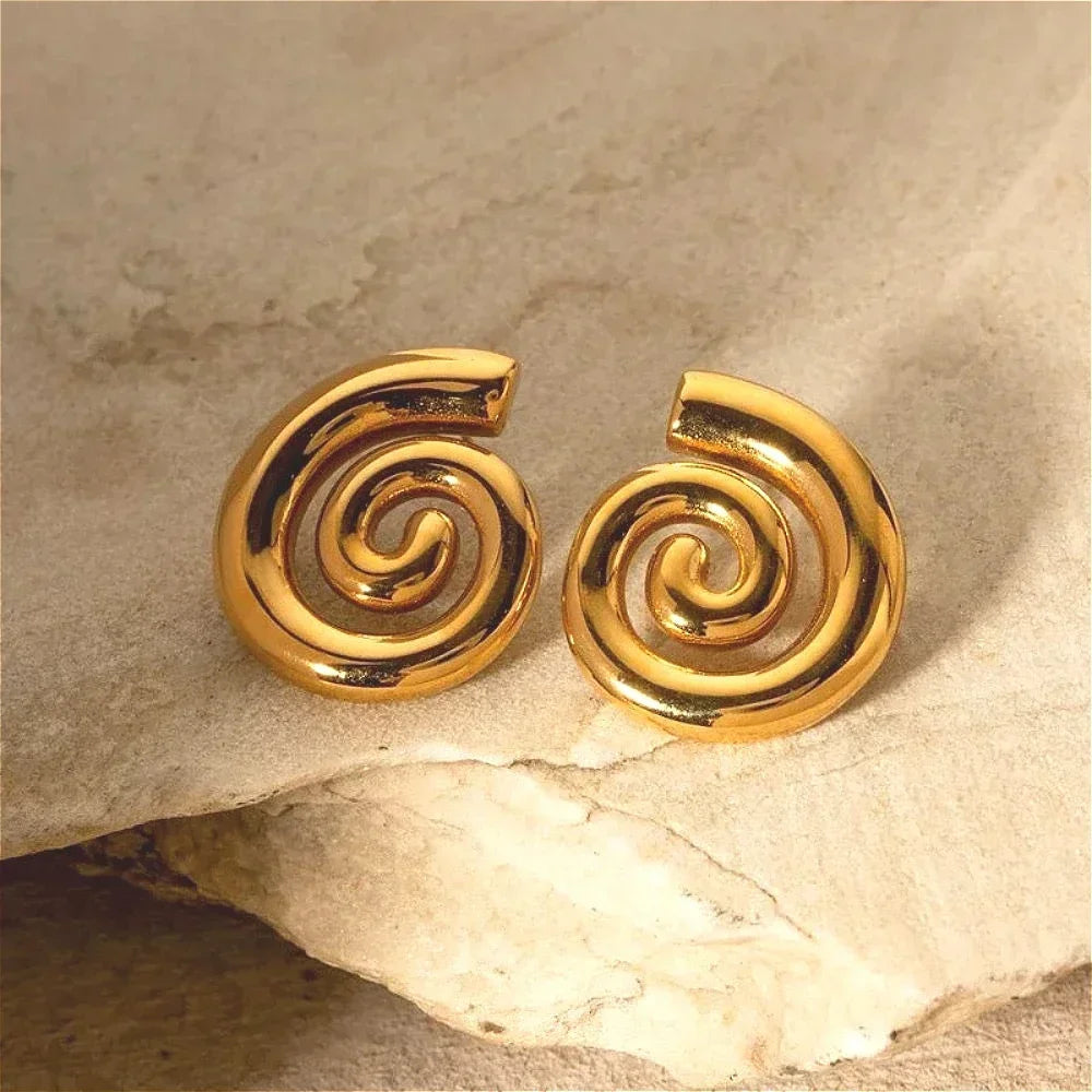 Mariasz Minimalist Geometric Twisted Spiral Stainless Steel Stud Earrings Gold Color Hollow Baroque Piercing Jewelry for Women