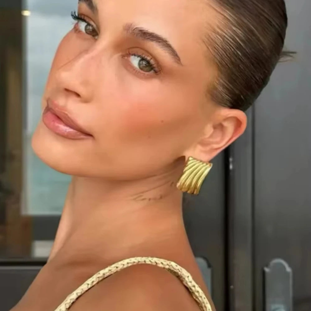 Mariasz Minimalist Vintage Chunky Rectangle Stainless Steel Irregular Ear Studs Gold Color Geometric Jewelry Earring for Women